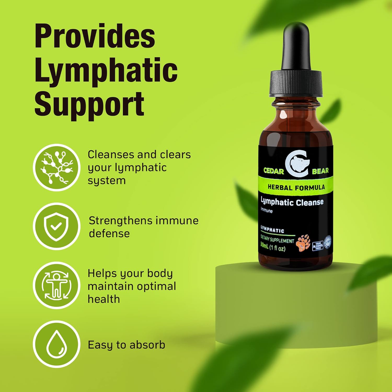 Cedar Bear Naturales Lymphatic Cleanse Supplement - Alcohol-Free Liquid Herbal Drops for Immune Support and Drainage, 1 fl oz