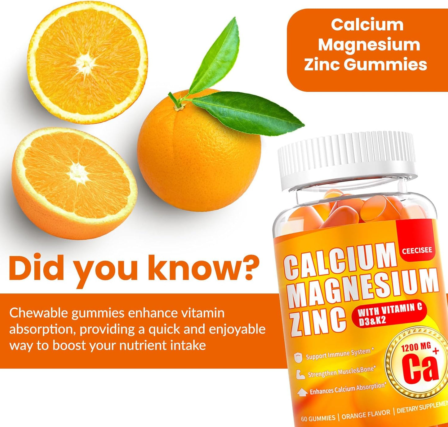 Ceecisee Calcium Magnesium Gummies: Vegan Sugar Free Supplement with 1200mg Calcium Citrate, Zinc, Vitamin C, D3, K2 for Men and Women - High Absorption (120 Count)