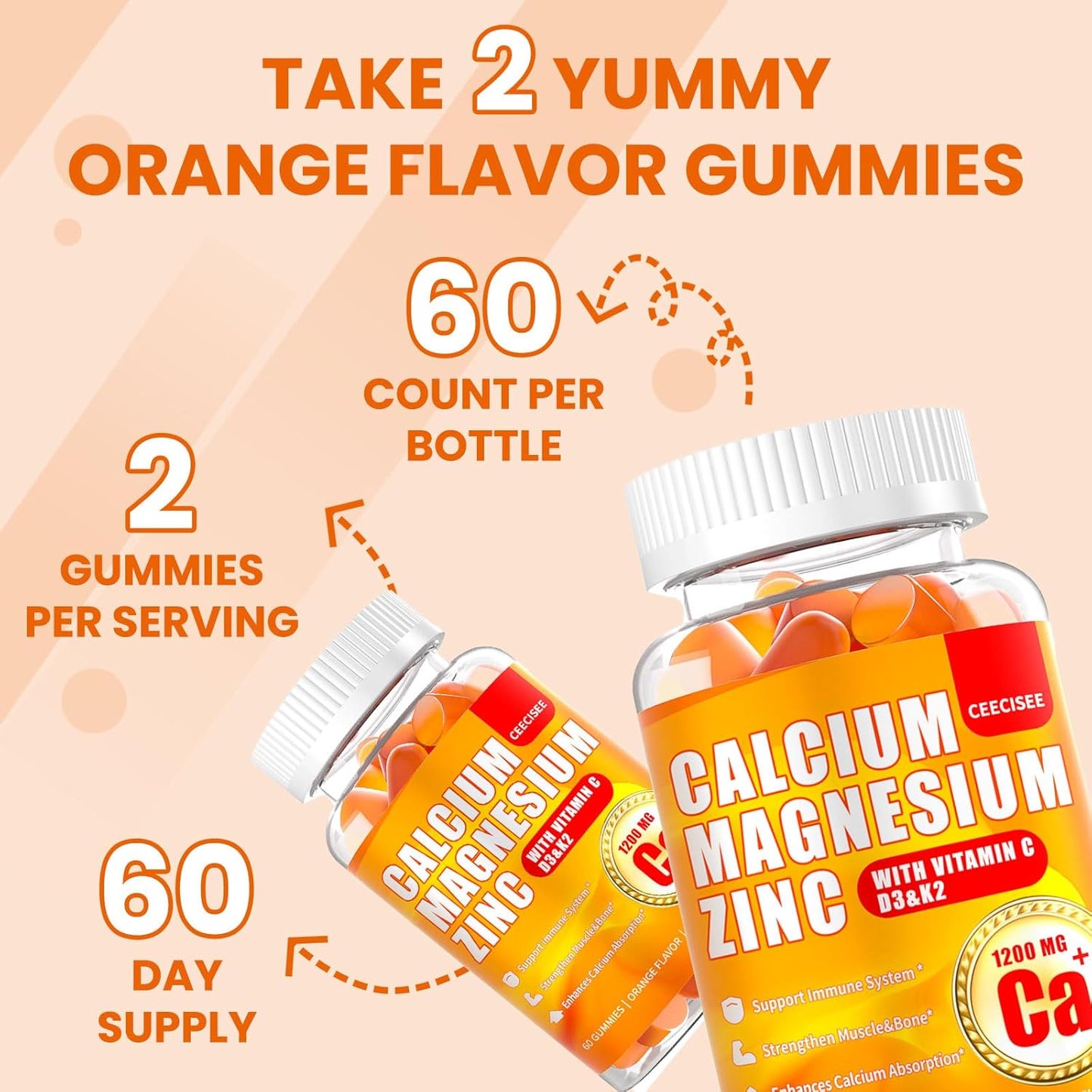 Ceecisee Calcium Magnesium Gummies: Vegan Sugar Free Supplement with 1200mg Calcium Citrate, Zinc, Vitamin C, D3, K2 for Men and Women - High Absorption (120 Count)