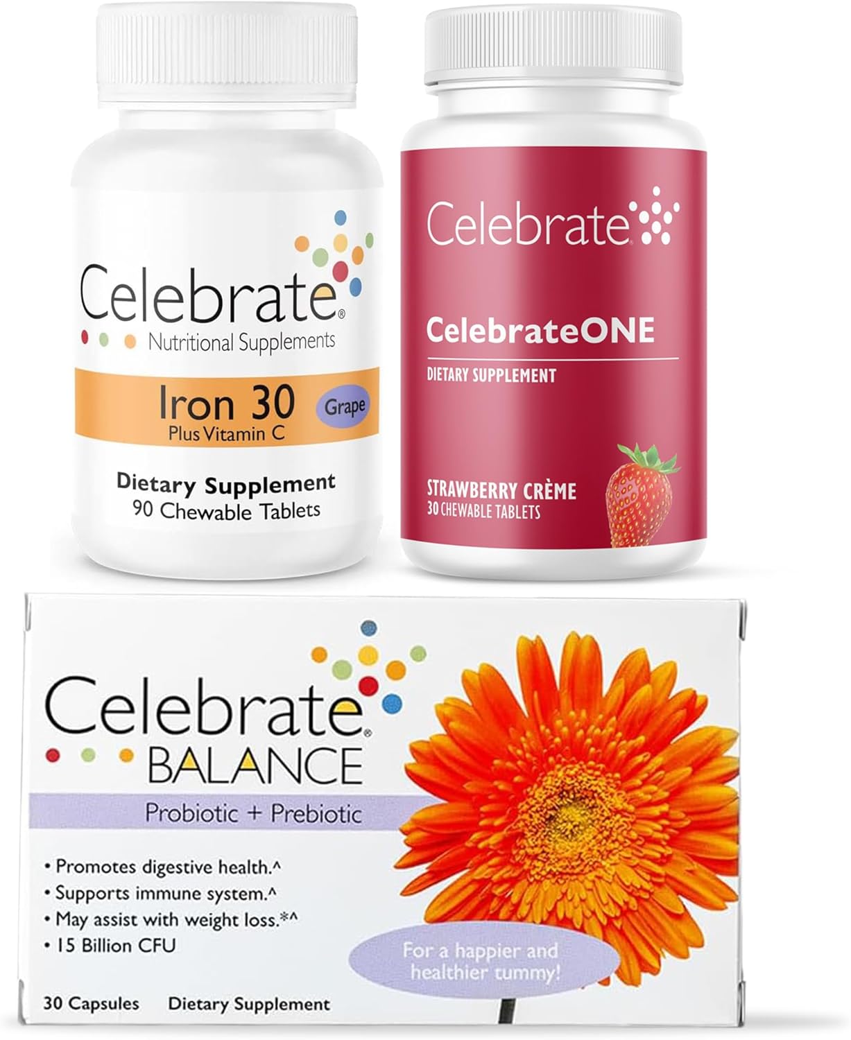 Celebrate Bariatric Essentials Bundle - Complete Nutritional Support for WLS Patients - Multivitamin, Iron Chewables, Probiotic + Prebiotic
