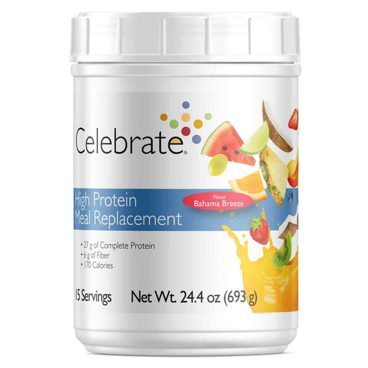 Celebrate Vitamins High Protein Meal Replacement Shake - Bahama Breeze Flavor, 27g Protein, 6g Fiber, 15 Servings for Post-Bariatric Surgery