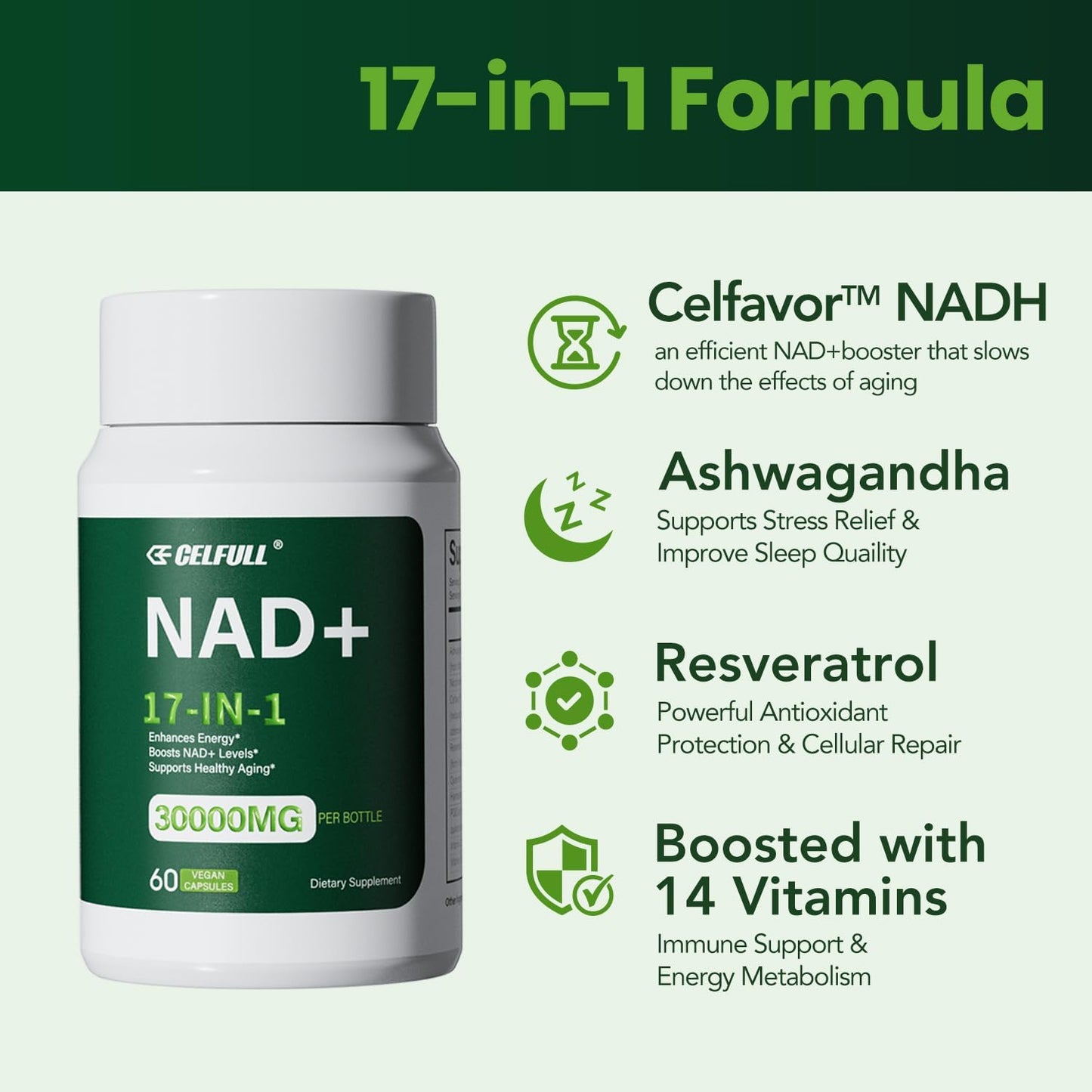 CELFULL NAD+ Supplement with Resveratrol, Nicotinamide Riboside, and Quercetin - Boost Cellular Energy and Stamina - 30000mg/Bottle - Anti Aging Formula