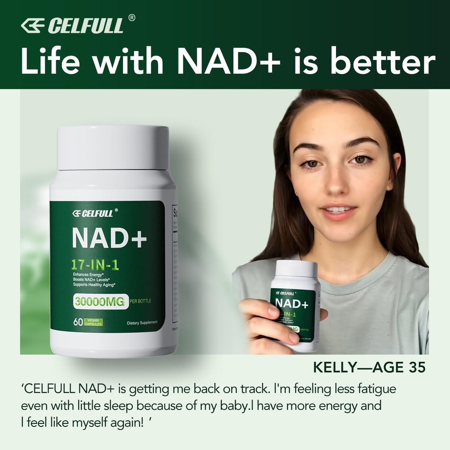 CELFULL NAD+ Supplement with Resveratrol, Nicotinamide Riboside, and Quercetin - Boost Cellular Energy and Stamina - 30000mg/Bottle - Anti Aging Formula