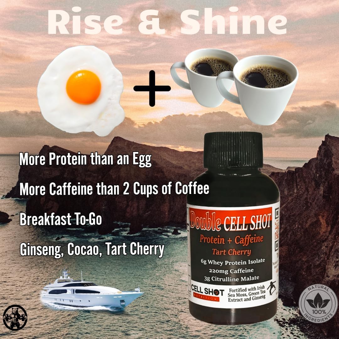 Cell Shot Nutrition Tart Cherry Punch - 4 Pack - Protein + Caffeine - Double Cell Shot - BCAA Energy Drink with Nootropics, Sea Moss, Ginseng, Whey - Boost Energy and Mental Clarity