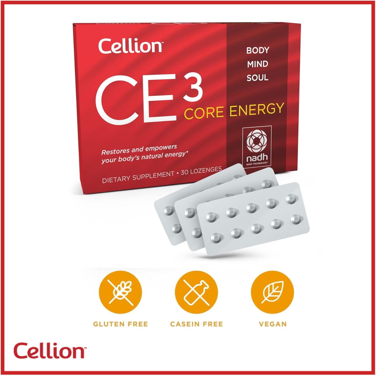 Cellion CE3 Core Energy NADH Supplement - Boost Energy, Metabolism, and Performance | Vegan 30 Count 20mg Lozenges