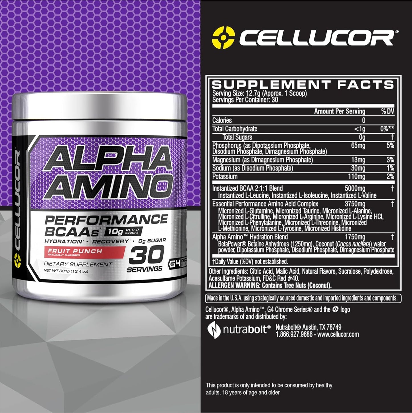 Cellucor Alpha Amino EAA & BCAA Powder - Fruit Punch Flavor, 30 Servings, Electrolytes Included