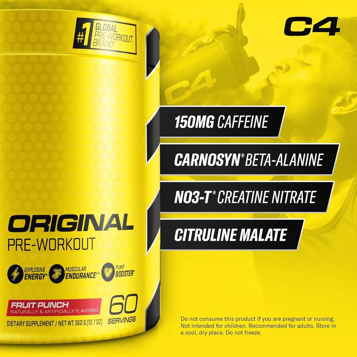 Cellucor C4 Original Fruit Punch Pre Workout Powder - Immune Support with Vitamin C - Sugar Free Energy for Men & Women - 60 Servings