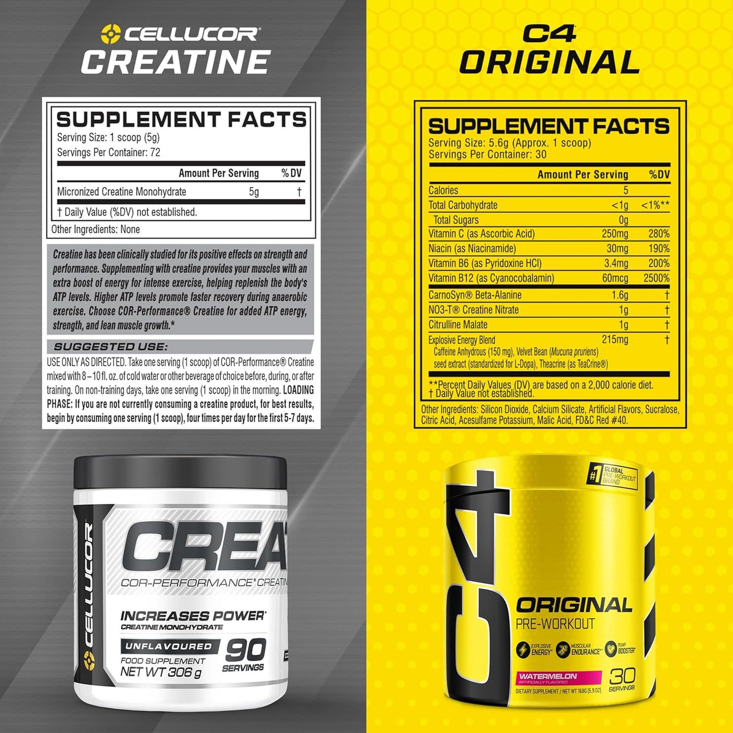 Cellucor C4 Original Pre Workout Powder & Cor Performance Creatine Bundle, Watermelon Flavor, 30 Servings + 72 Servings