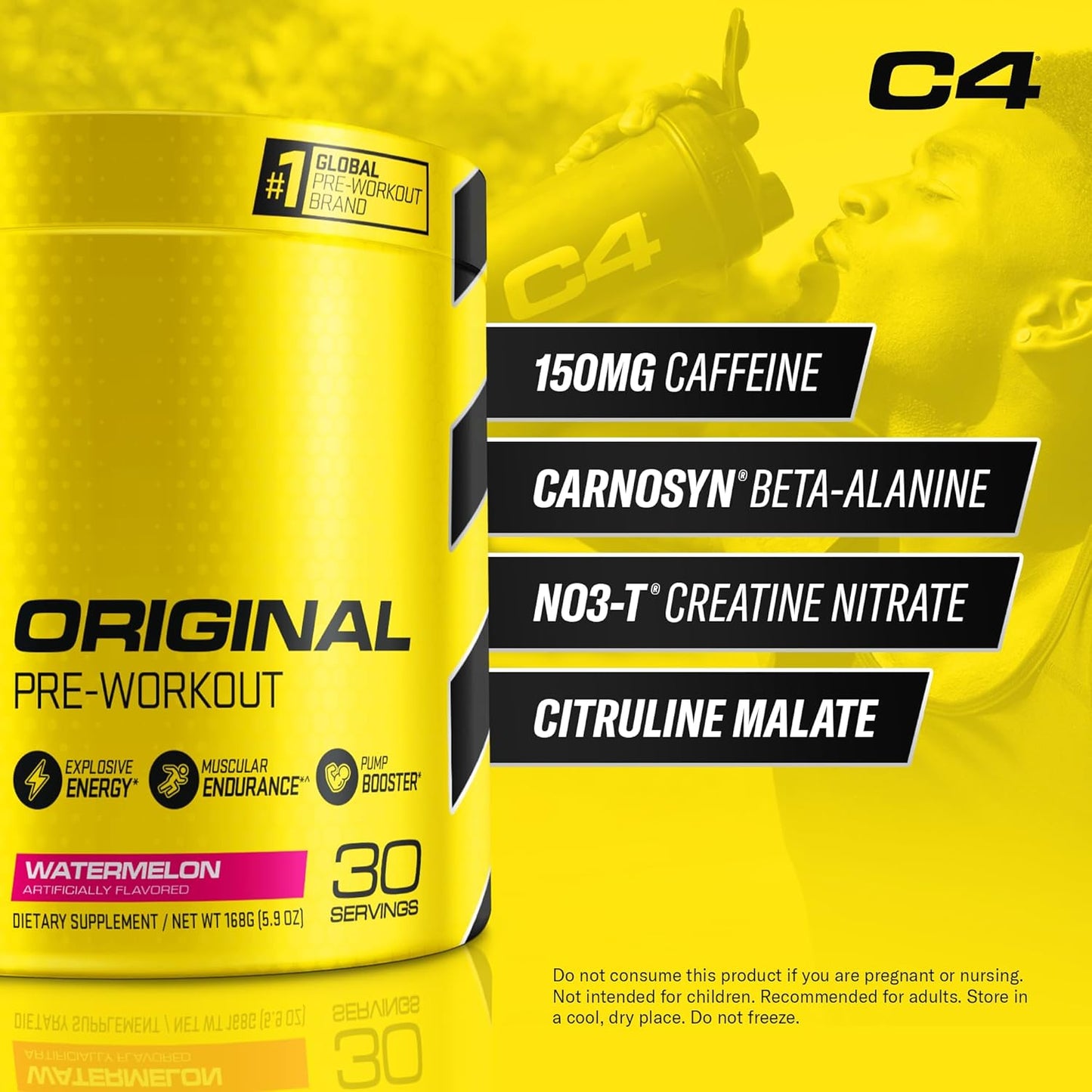 Cellucor C4 Original Watermelon Sugar-Free Pre Workout Powder for Men & Women - Energy Supplement with Caffeine, Beta Alanine, and Creatine (30 Servings)