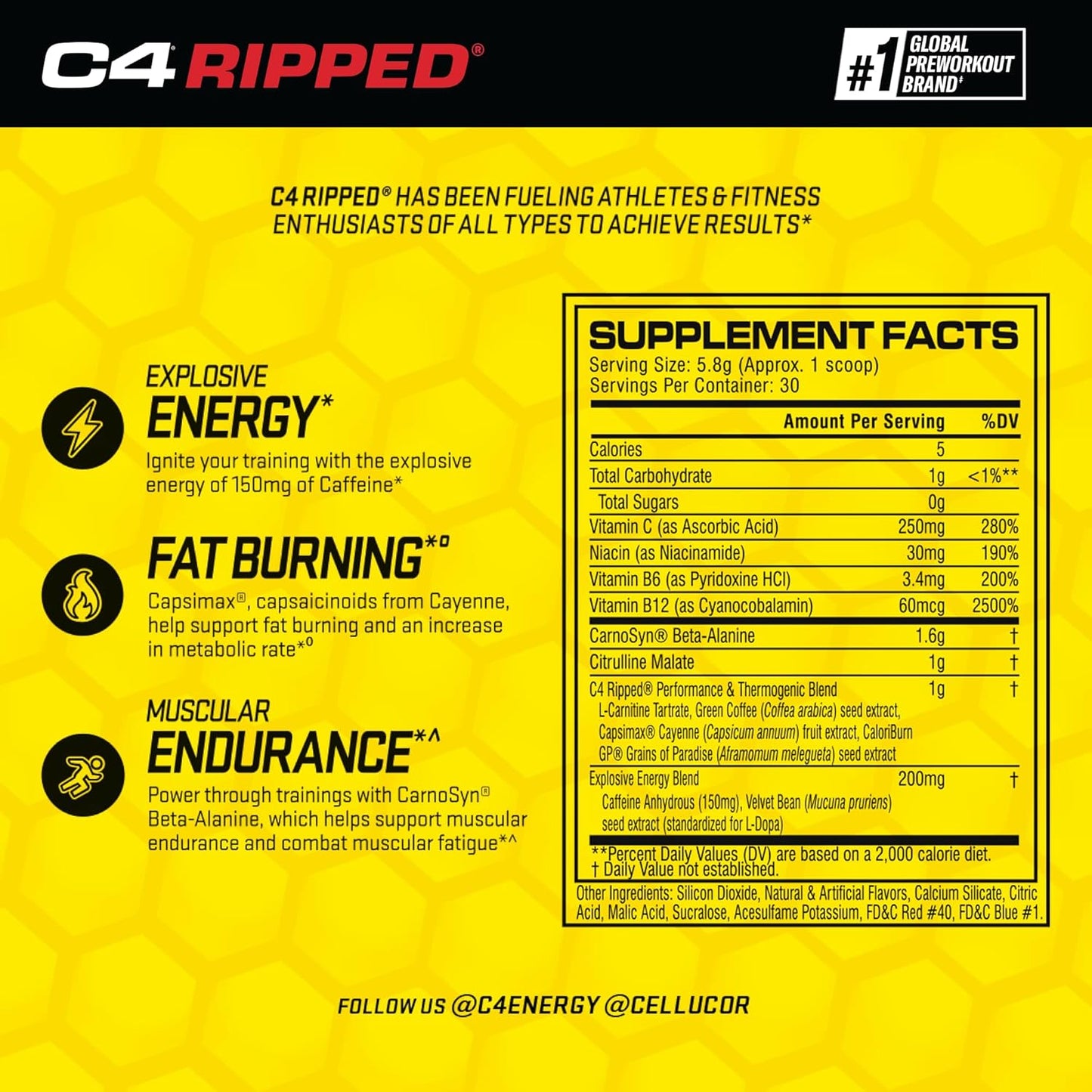 Cellucor C4 Ripped Pre Workout Powder - Sugar Free Energy Supplement with Beta Alanine, 150mg Caffeine, Raspberry Lemonade Flavor - Preworkout for Men & Women, 30 Servings