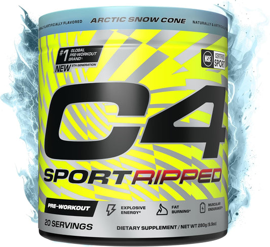 Cellucor C4 Ripped Sport Pre Workout Powder - NSF Certified for Sport - 200mg Caffeine - Cayenne Extract - Carnitine Tartrate - Beta-Alanine - Artic Snow Cone, 20 Servings