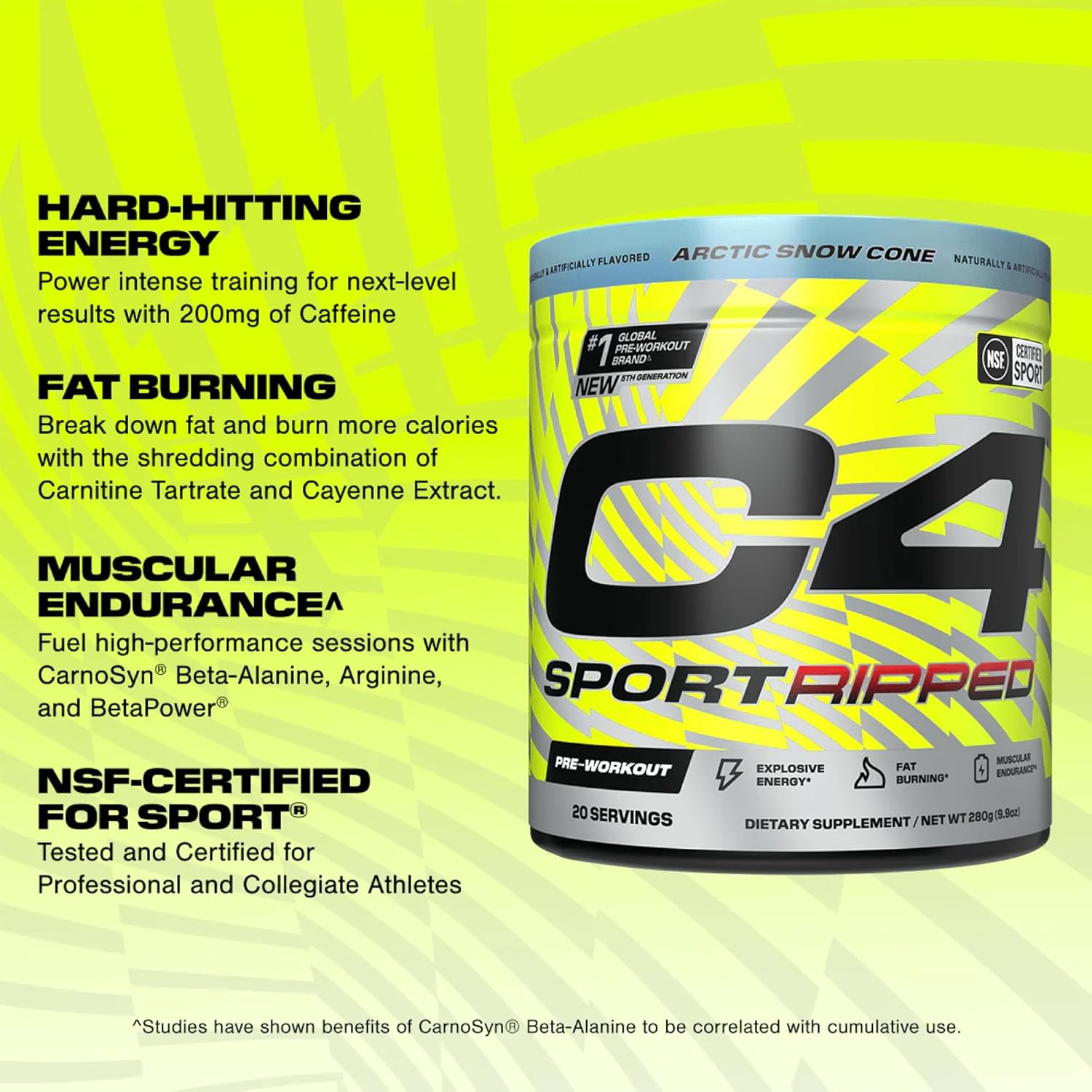 Cellucor C4 Ripped Sport Pre Workout Powder - NSF Certified for Sport - 200mg Caffeine - Cayenne Extract - Carnitine Tartrate - Beta-Alanine - Artic Snow Cone, 20 Servings