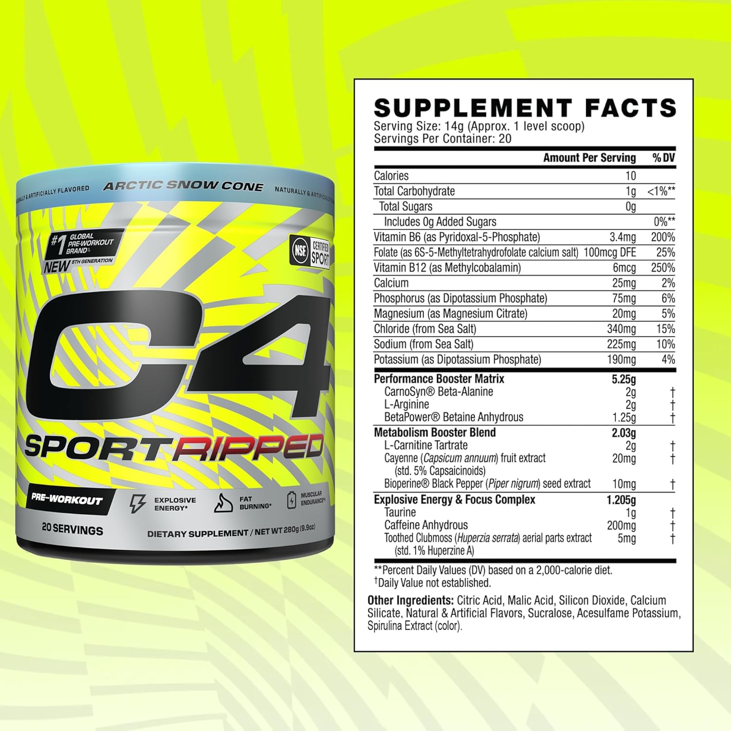 Cellucor C4 Ripped Sport Pre Workout Powder - NSF Certified for Sport - 200mg Caffeine - Cayenne Extract - Carnitine Tartrate - Beta-Alanine - Artic Snow Cone, 20 Servings