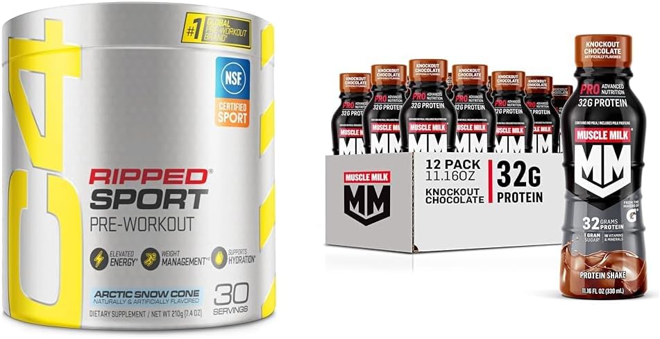 Cellucor C4 Ripped Sport Pre Workout Powder & Muscle Milk Pro Advanced Protein Shake Bundle - Arctic Snow Cone & Knockout Chocolate Flavor - 12 Pack of 11.16 Fl Oz Bottles