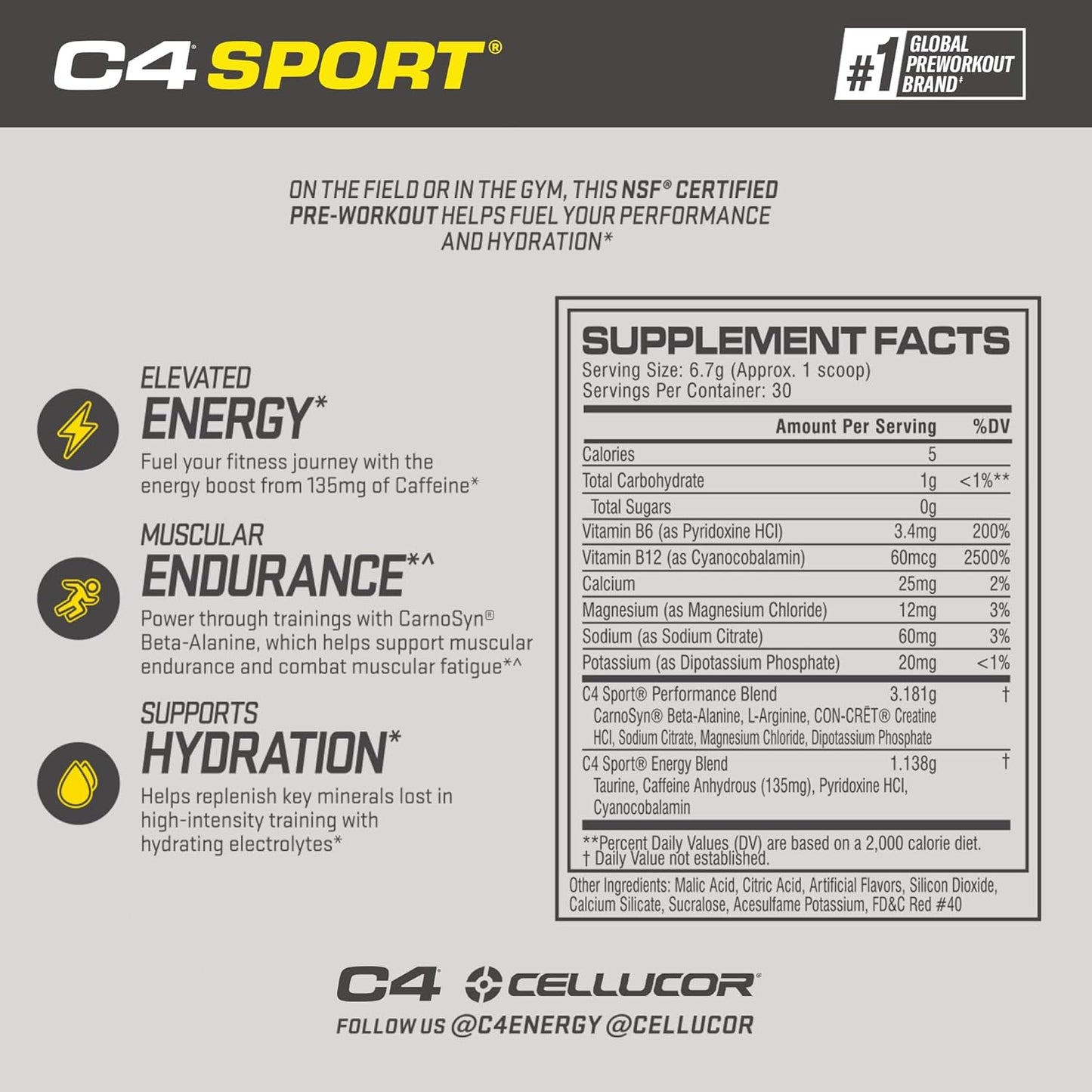 Cellucor C4 Sport Watermelon Pre Workout Powder - Energy Booster with Creatine, Caffeine, and Beta-Alanine - NSF Certified - 30 Servings