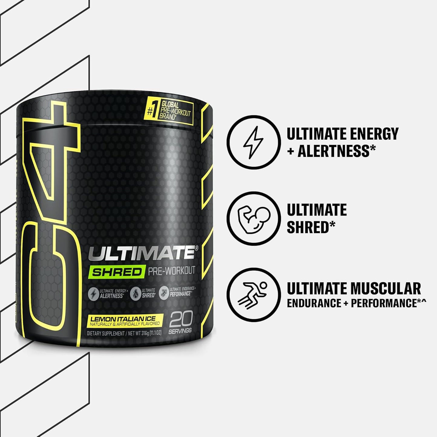 Cellucor C4 Ultimate Shred Pre Workout Powder - Metabolism Supplement with Ginger & Lemon Flavor - 20 Servings