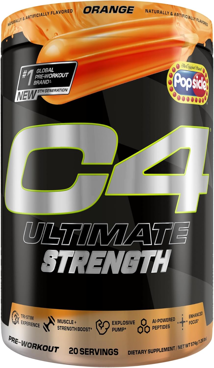 Cellucor C4 Ultimate Strength Pre Workout Powder - 300mg Caffeine + TeaCrine + Dynamine - Energy Supplement - Orange Popsicle, 20 Servings