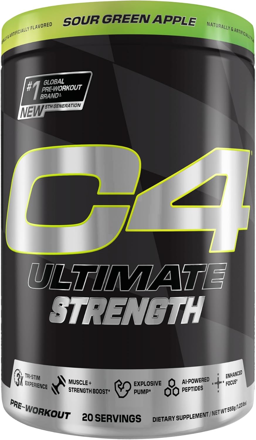 Cellucor C4 Ultimate Strength Pre Workout Powder - Energizing Blend with Caffeine, TeaCrine, and Dynamine - Creatine & Beta-Alanine - Energy Supplement - Sour Green Apple, 20 Servings