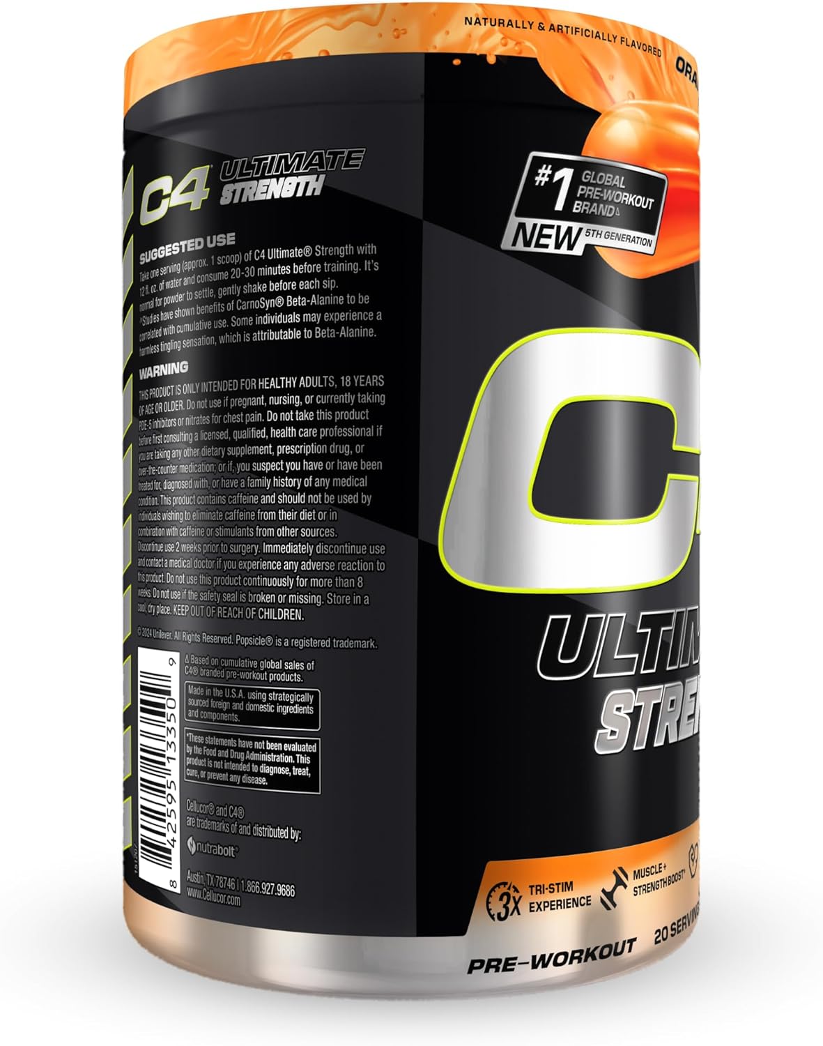 Cellucor C4 Ultimate Strength Pre Workout Powder - 300mg Caffeine + TeaCrine + Dynamine - Energy Supplement - Orange Popsicle, 20 Servings