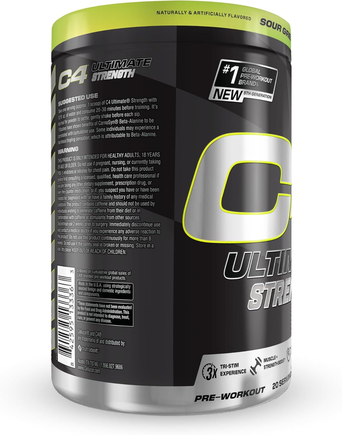 Cellucor C4 Ultimate Strength Pre Workout Powder - Energizing Blend with Caffeine, TeaCrine, and Dynamine - Creatine & Beta-Alanine - Energy Supplement - Sour Green Apple, 20 Servings