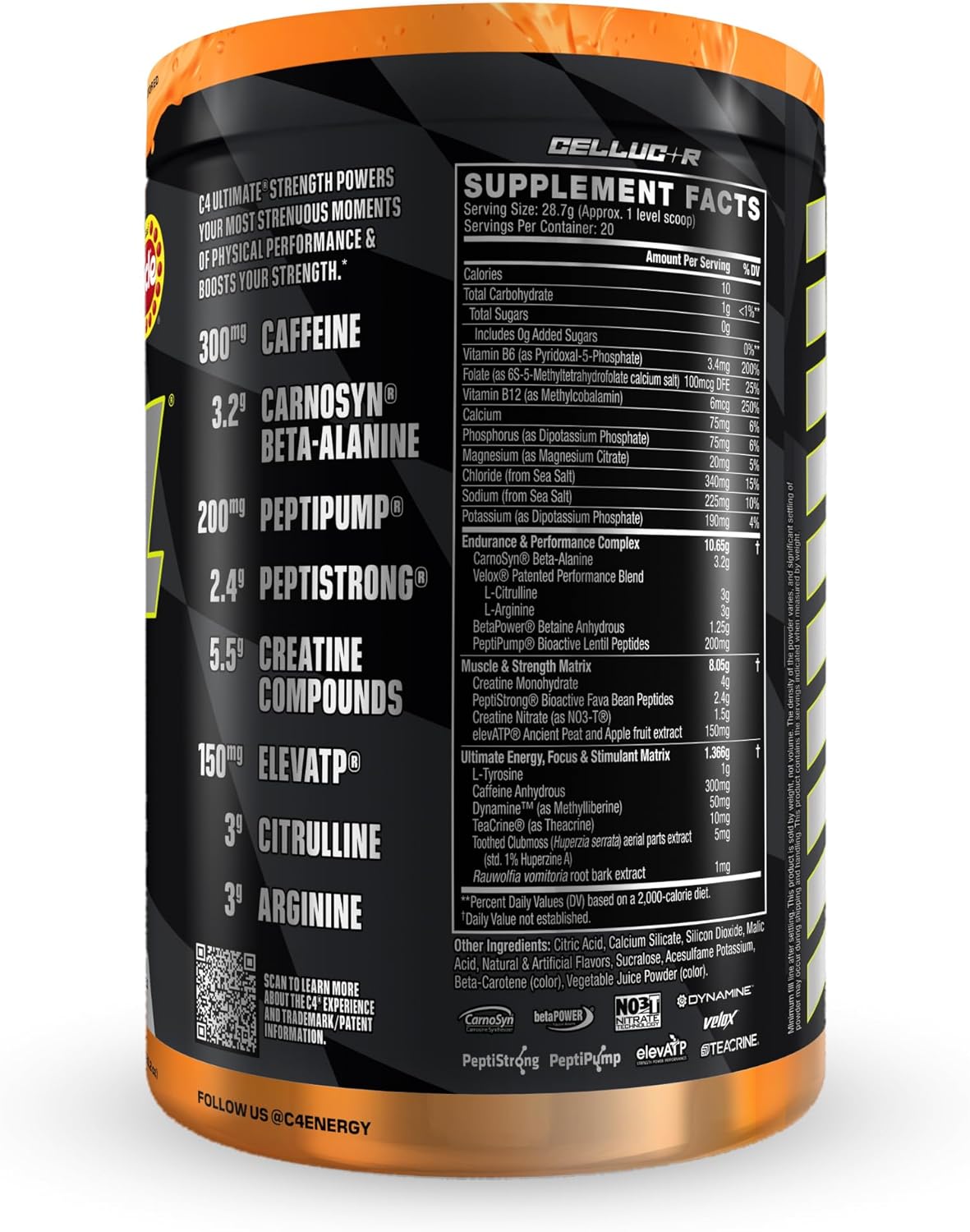 Cellucor C4 Ultimate Strength Pre Workout Powder - 300mg Caffeine + TeaCrine + Dynamine - Energy Supplement - Orange Popsicle, 20 Servings