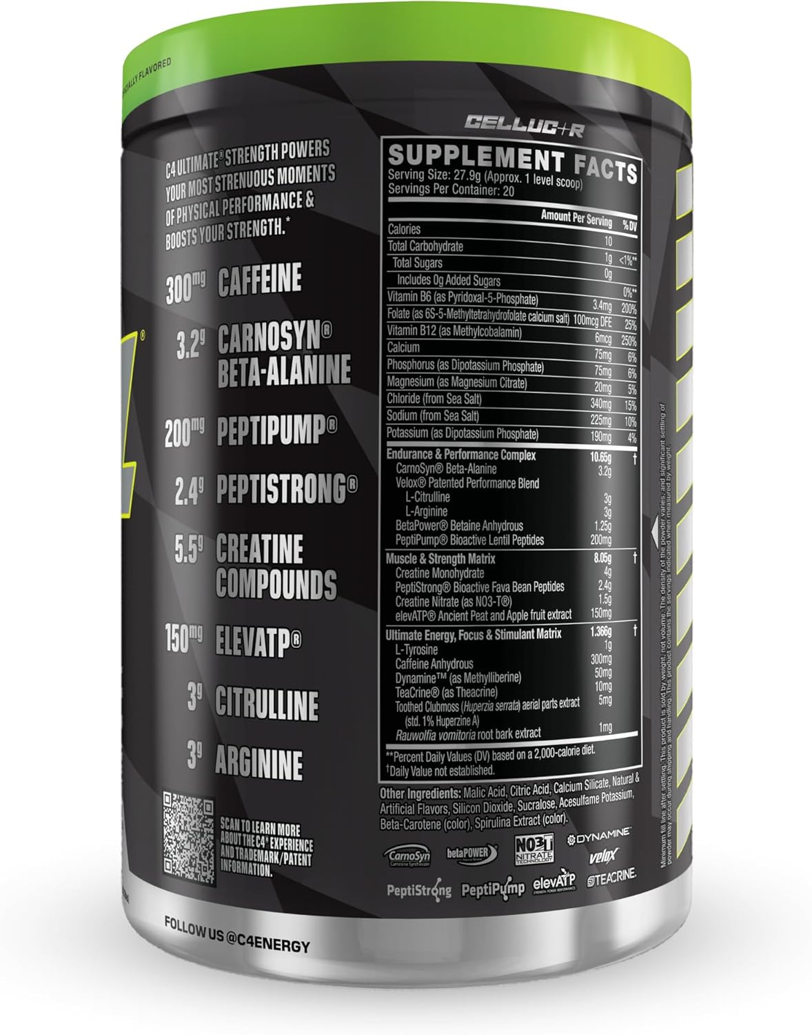 Cellucor C4 Ultimate Strength Pre Workout Powder - Energizing Blend with Caffeine, TeaCrine, and Dynamine - Creatine & Beta-Alanine - Energy Supplement - Sour Green Apple, 20 Servings