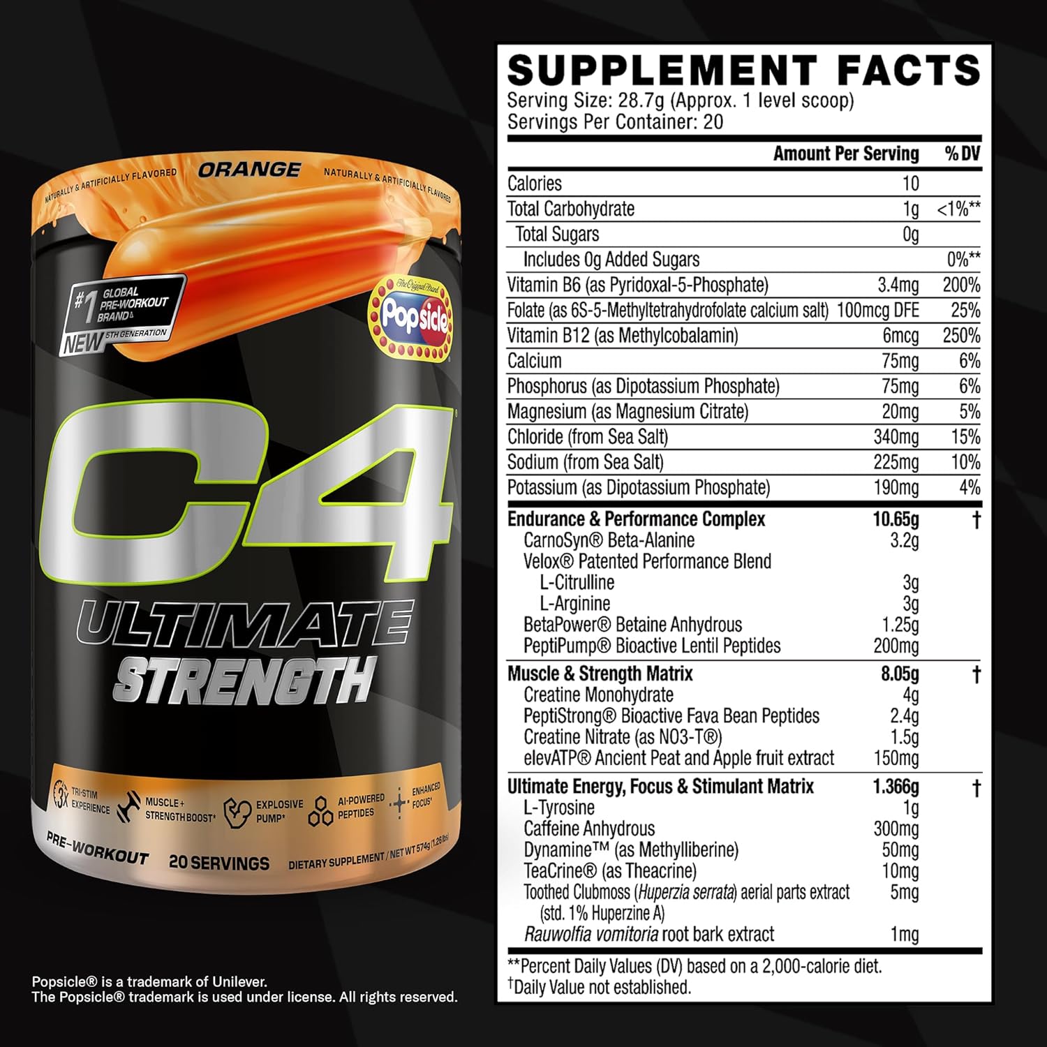Cellucor C4 Ultimate Strength Pre Workout Powder - 300mg Caffeine + TeaCrine + Dynamine - Energy Supplement - Orange Popsicle, 20 Servings