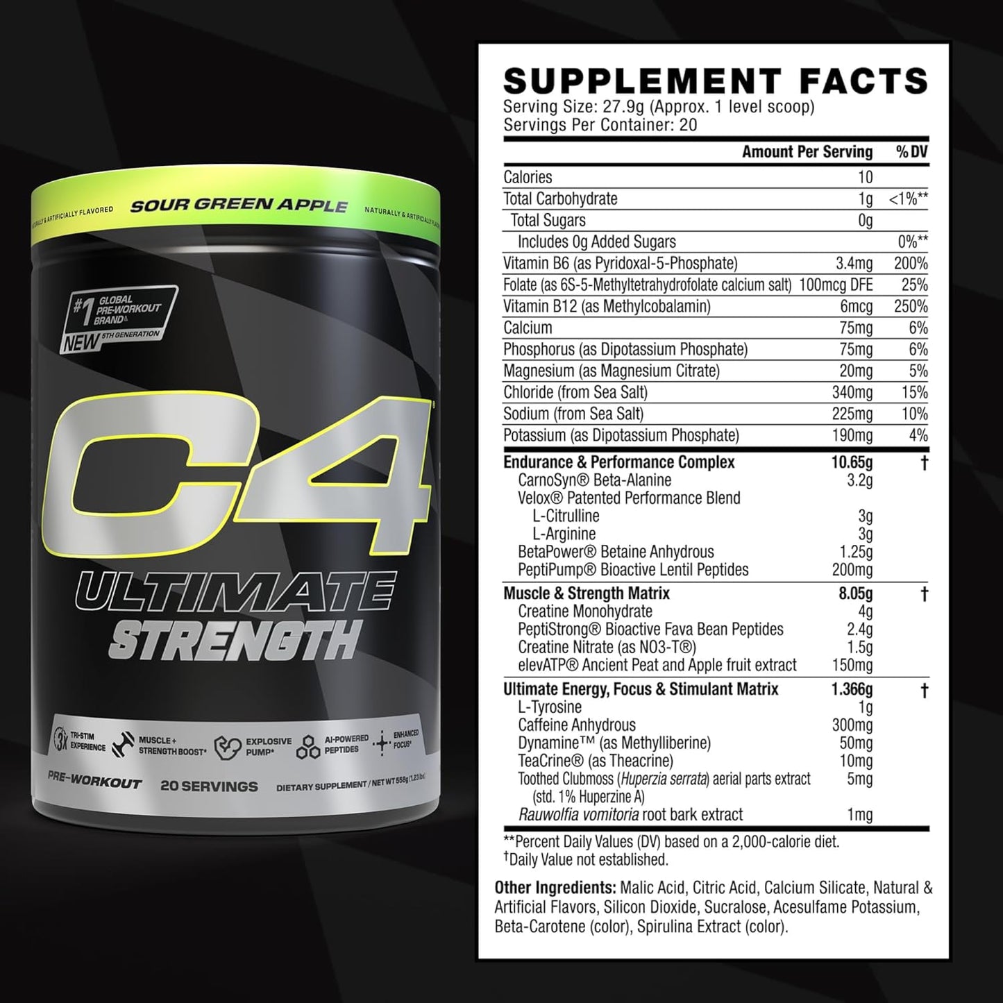 Cellucor C4 Ultimate Strength Pre Workout Powder - Energizing Blend with Caffeine, TeaCrine, and Dynamine - Creatine & Beta-Alanine - Energy Supplement - Sour Green Apple, 20 Servings