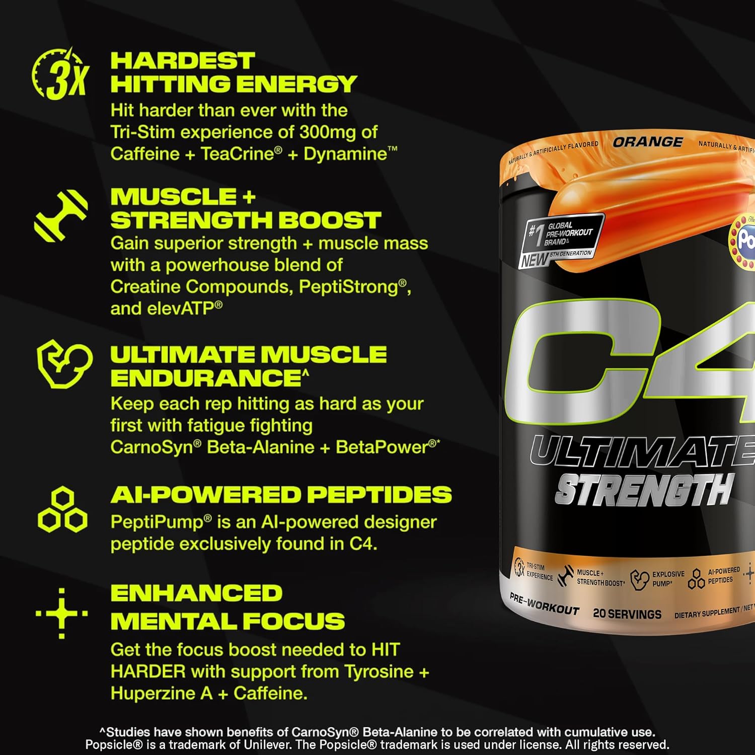 Cellucor C4 Ultimate Strength Pre Workout Powder - 300mg Caffeine + TeaCrine + Dynamine - Energy Supplement - Orange Popsicle, 20 Servings
