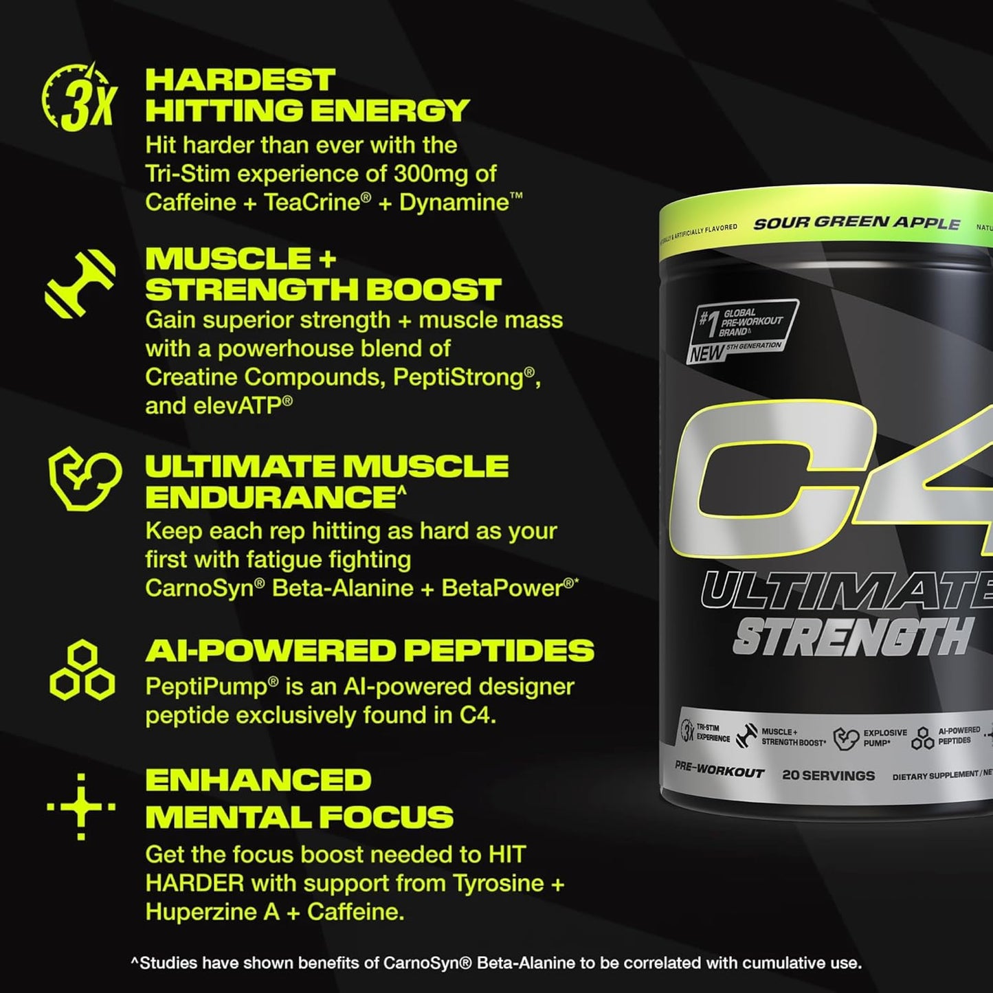 Cellucor C4 Ultimate Strength Pre Workout Powder - Energizing Blend with Caffeine, TeaCrine, and Dynamine - Creatine & Beta-Alanine - Energy Supplement - Sour Green Apple, 20 Servings
