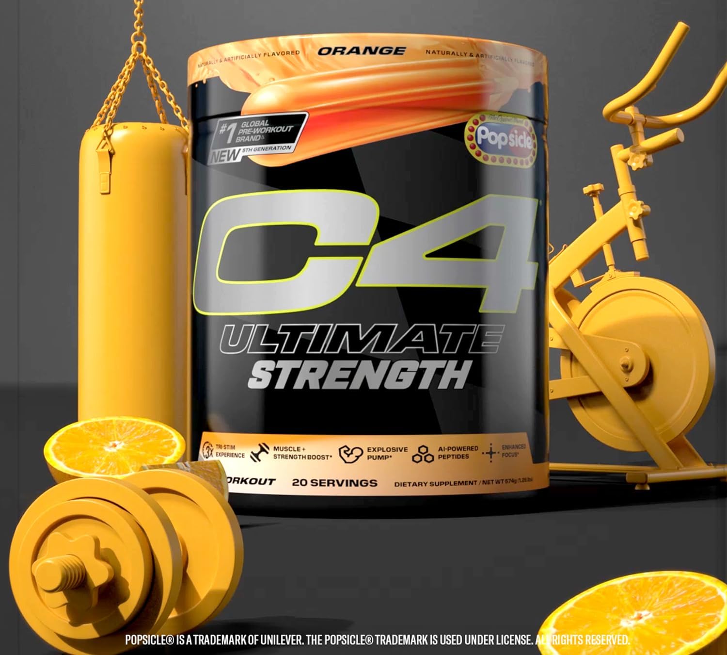 Cellucor C4 Ultimate Strength Pre Workout Powder - 300mg Caffeine + TeaCrine + Dynamine - Energy Supplement - Orange Popsicle, 20 Servings