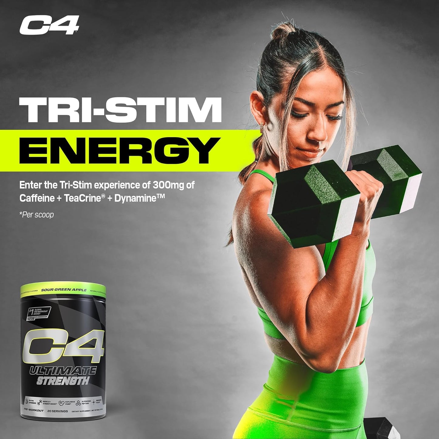 Cellucor C4 Ultimate Strength Pre Workout Powder - Energizing Blend with Caffeine, TeaCrine, and Dynamine - Creatine & Beta-Alanine - Energy Supplement - Sour Green Apple, 20 Servings