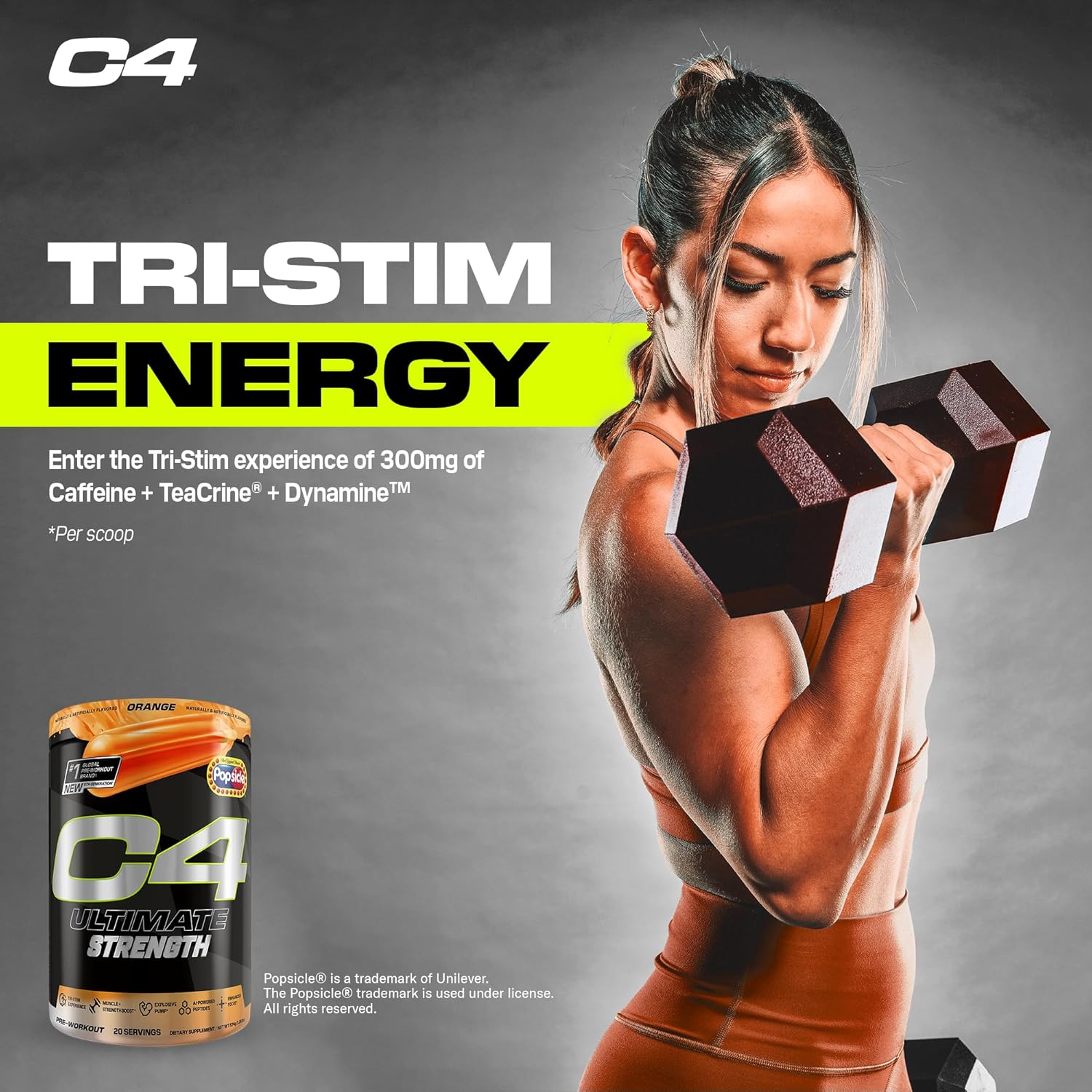 Cellucor C4 Ultimate Strength Pre Workout Powder - 300mg Caffeine + TeaCrine + Dynamine - Energy Supplement - Orange Popsicle, 20 Servings