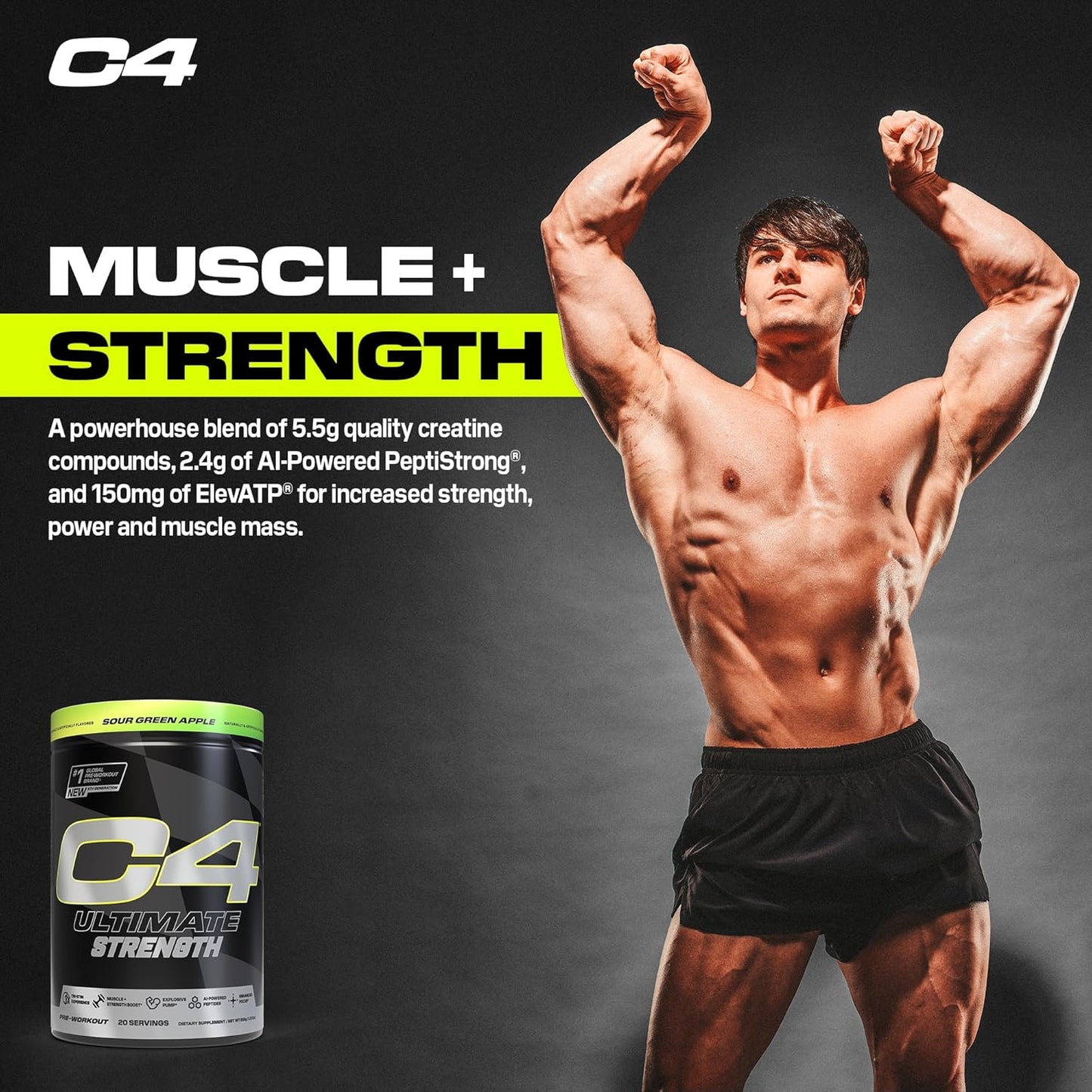 Cellucor C4 Ultimate Strength Pre Workout Powder - Energizing Blend with Caffeine, TeaCrine, and Dynamine - Creatine & Beta-Alanine - Energy Supplement - Sour Green Apple, 20 Servings