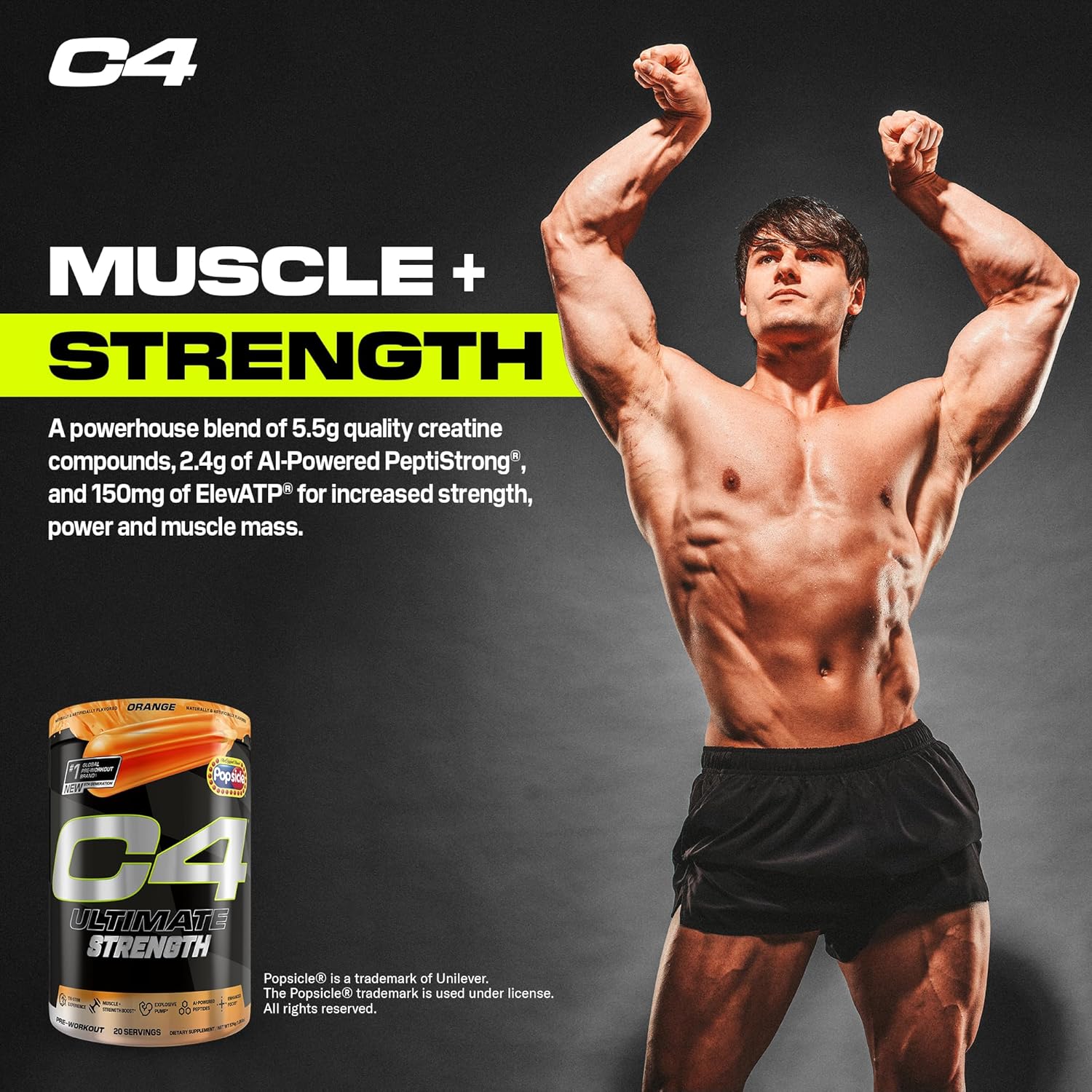 Cellucor C4 Ultimate Strength Pre Workout Powder - 300mg Caffeine + TeaCrine + Dynamine - Energy Supplement - Orange Popsicle, 20 Servings