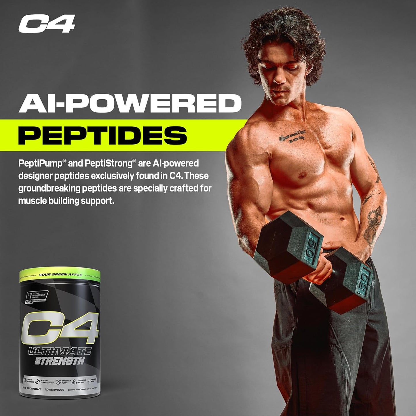 Cellucor C4 Ultimate Strength Pre Workout Powder - Energizing Blend with Caffeine, TeaCrine, and Dynamine - Creatine & Beta-Alanine - Energy Supplement - Sour Green Apple, 20 Servings