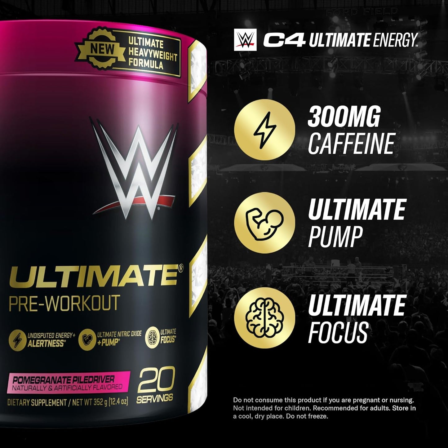Cellucor C4 Ultimate x WWE Pomegranate PileDriver Pre Workout Powder - Sugar Free Energy Supplement with Caffeine, Beta Alanine, and Creatines - 20 Servings