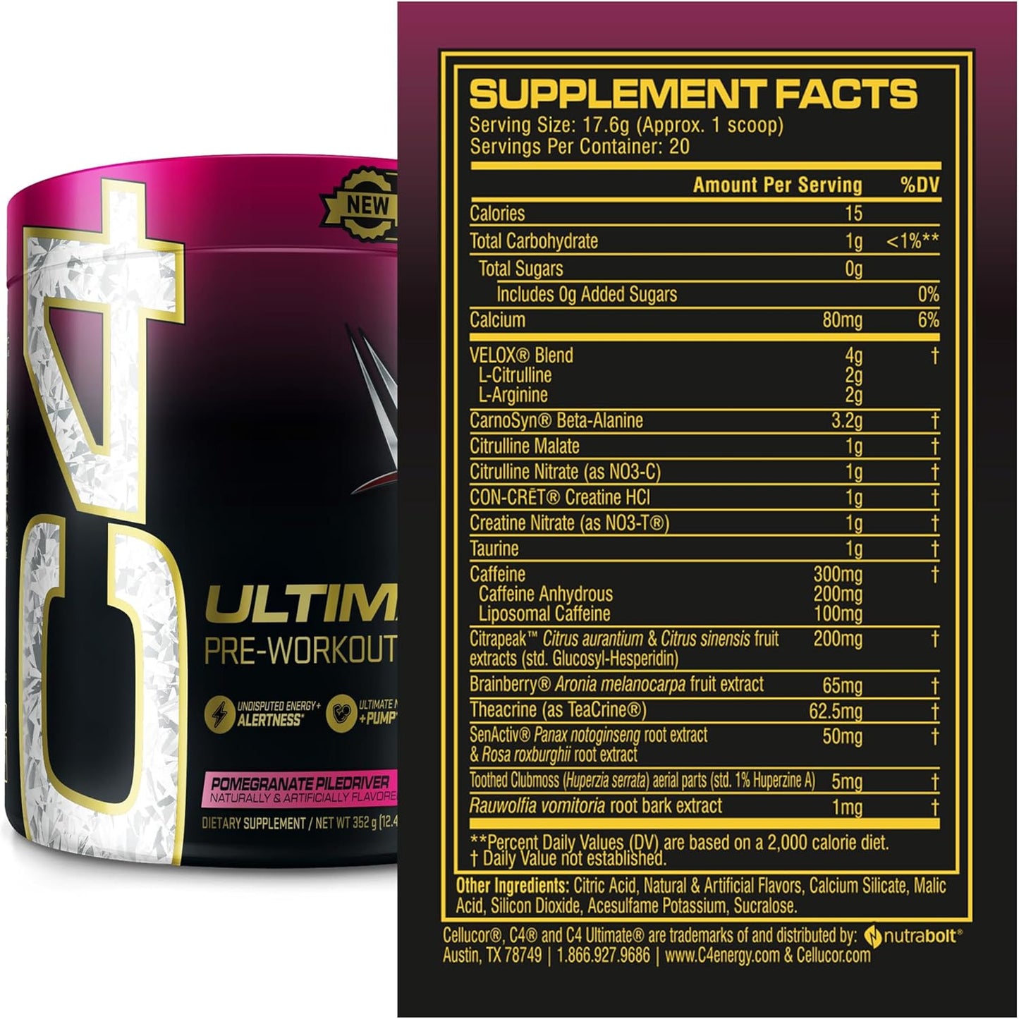 Cellucor C4 Ultimate x WWE Pomegranate PileDriver Pre Workout Powder - Sugar Free Energy Supplement with Caffeine, Beta Alanine, and Creatines - 20 Servings