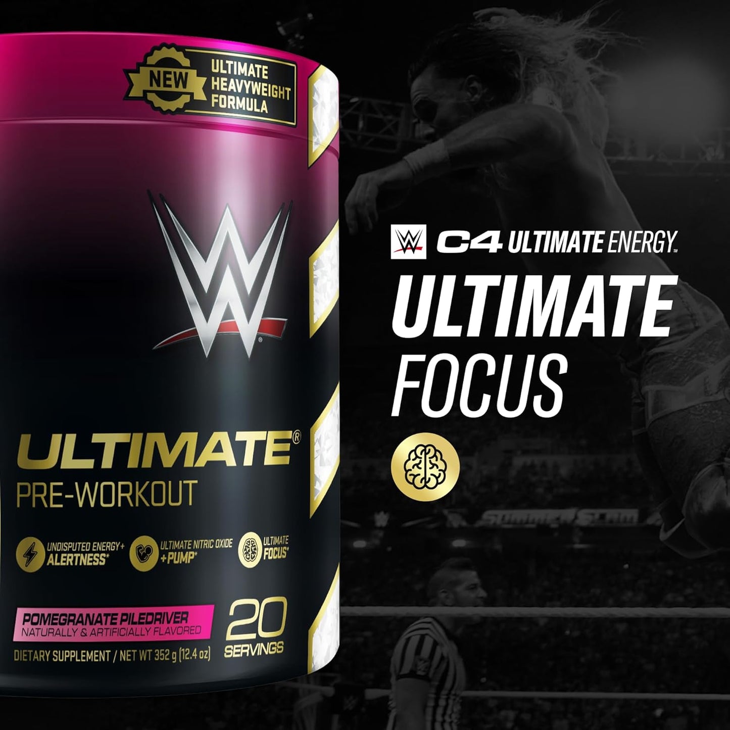 Cellucor C4 Ultimate x WWE Pomegranate PileDriver Pre Workout Powder - Sugar Free Energy Supplement with Caffeine, Beta Alanine, and Creatines - 20 Servings