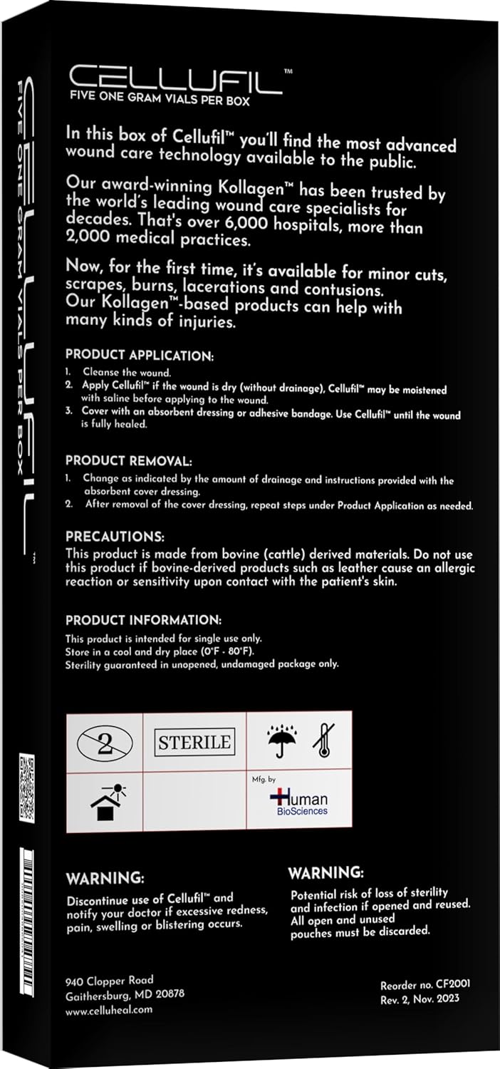 Celluheal Cellufil® Collagen Particles: Non-Hydrolyzed Bovine Collagen for Wound Care, Tissue Regeneration, First Aid - Box of 5 Vials
