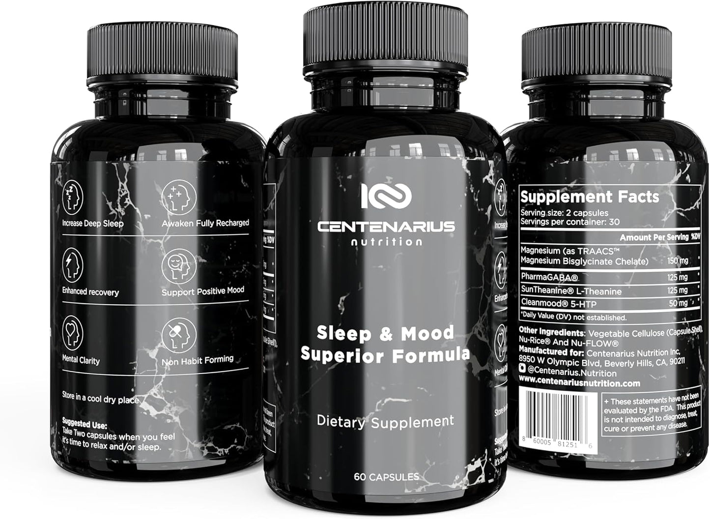 Centenarius Nutrition Sleep and Mood Formula - 60 Count - Supports Sleep, Mood, and Stress Levels with L-Theanine, 5-HTP, and PharmaGABA