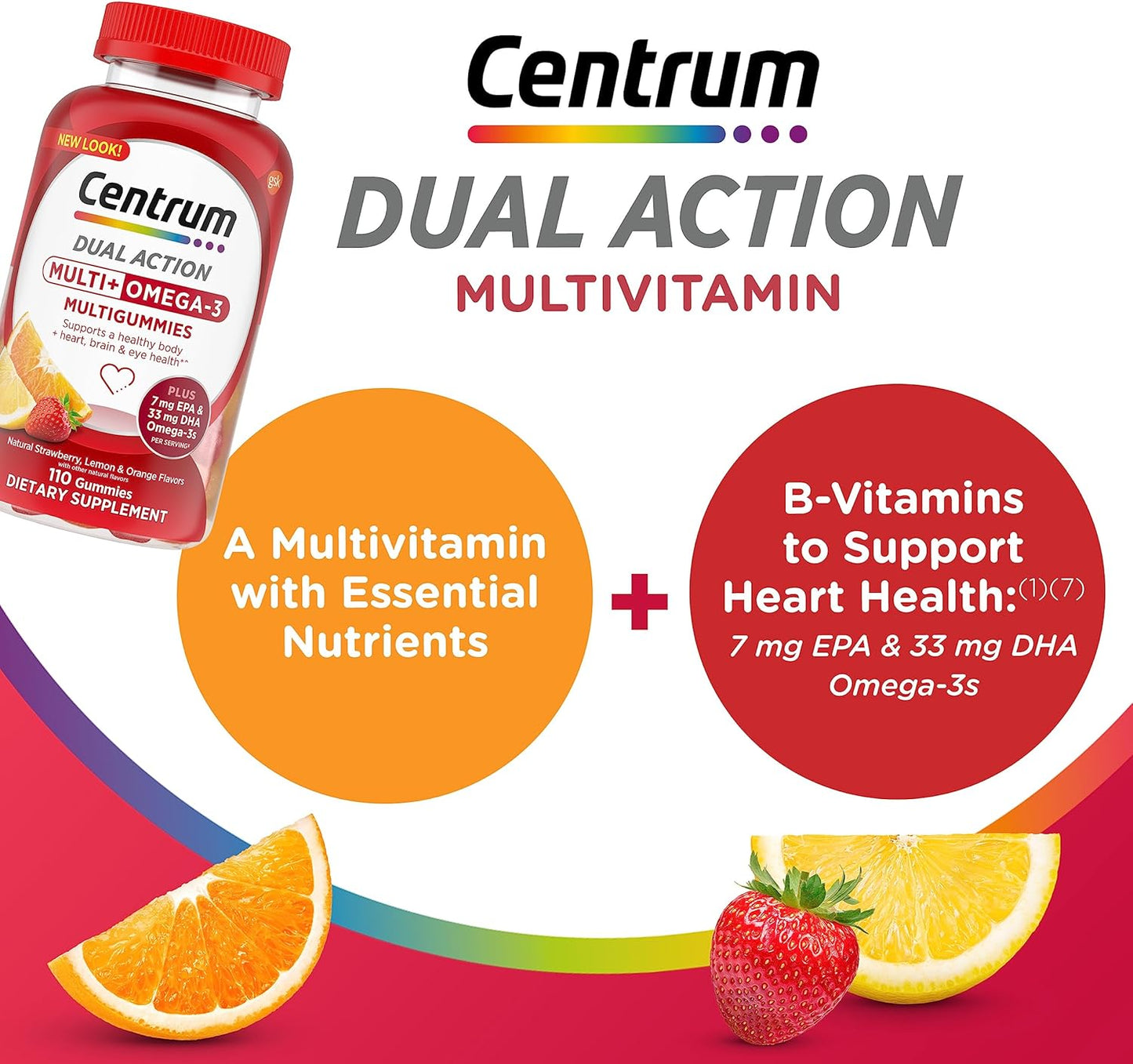 Centrum MultiGummies Multi+ Omega 3 Adult Multivitamin Supplement - 110 Count, Strawberry Lemon Orange Flavors