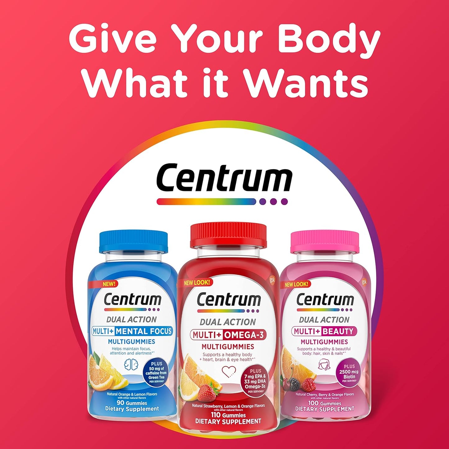 Centrum MultiGummies Multi+ Omega 3 Adult Multivitamin Supplement - 110 Count, Strawberry Lemon Orange Flavors