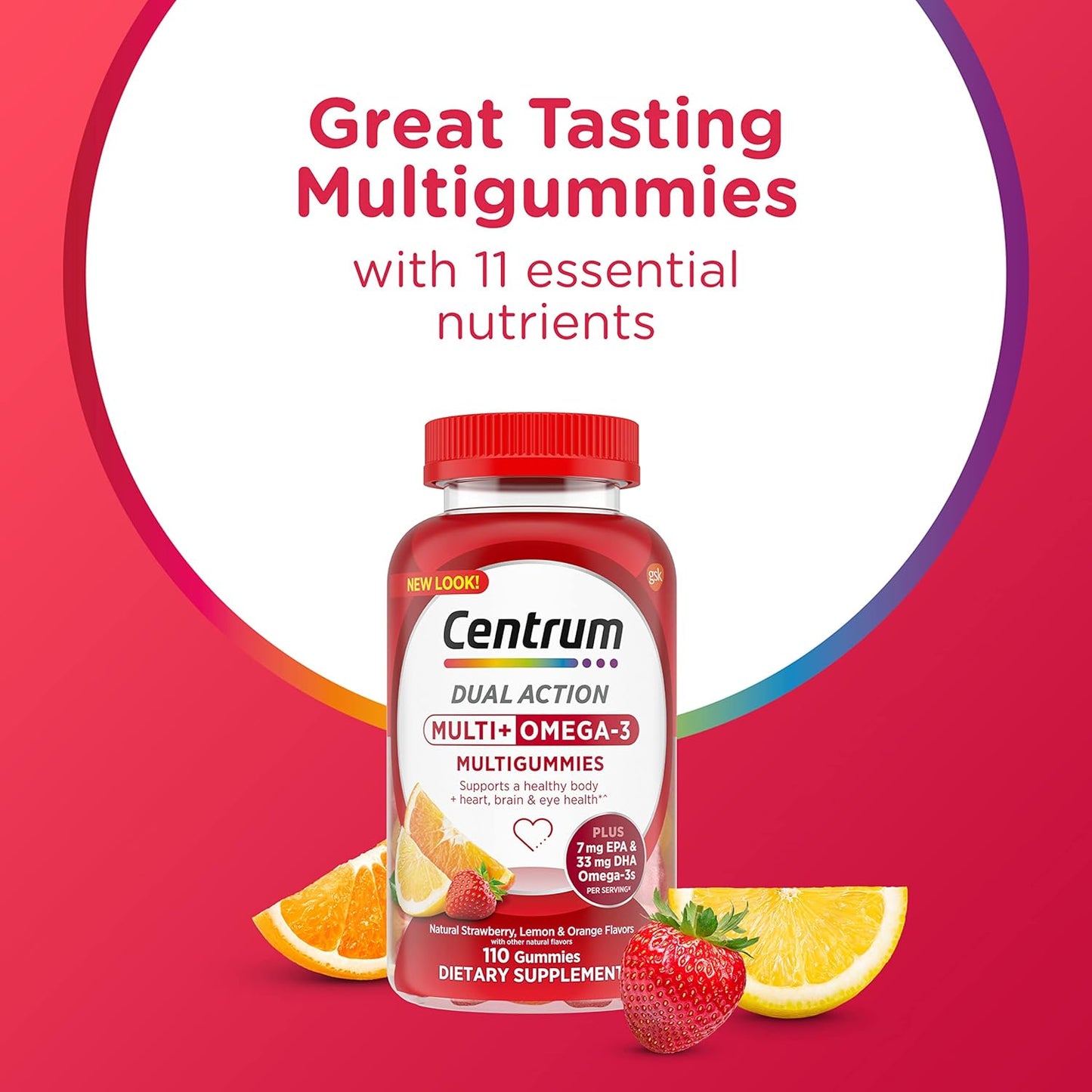 Centrum MultiGummies Multi+ Omega 3 Adult Multivitamin Supplement - 110 Count, Strawberry Lemon Orange Flavors