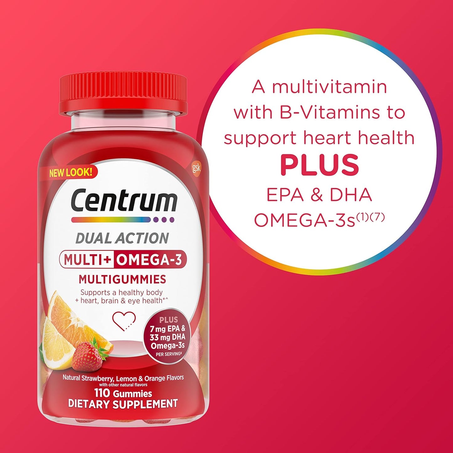 Centrum MultiGummies Multi+ Omega 3 Adult Multivitamin Supplement - 110 Count, Strawberry Lemon Orange Flavors