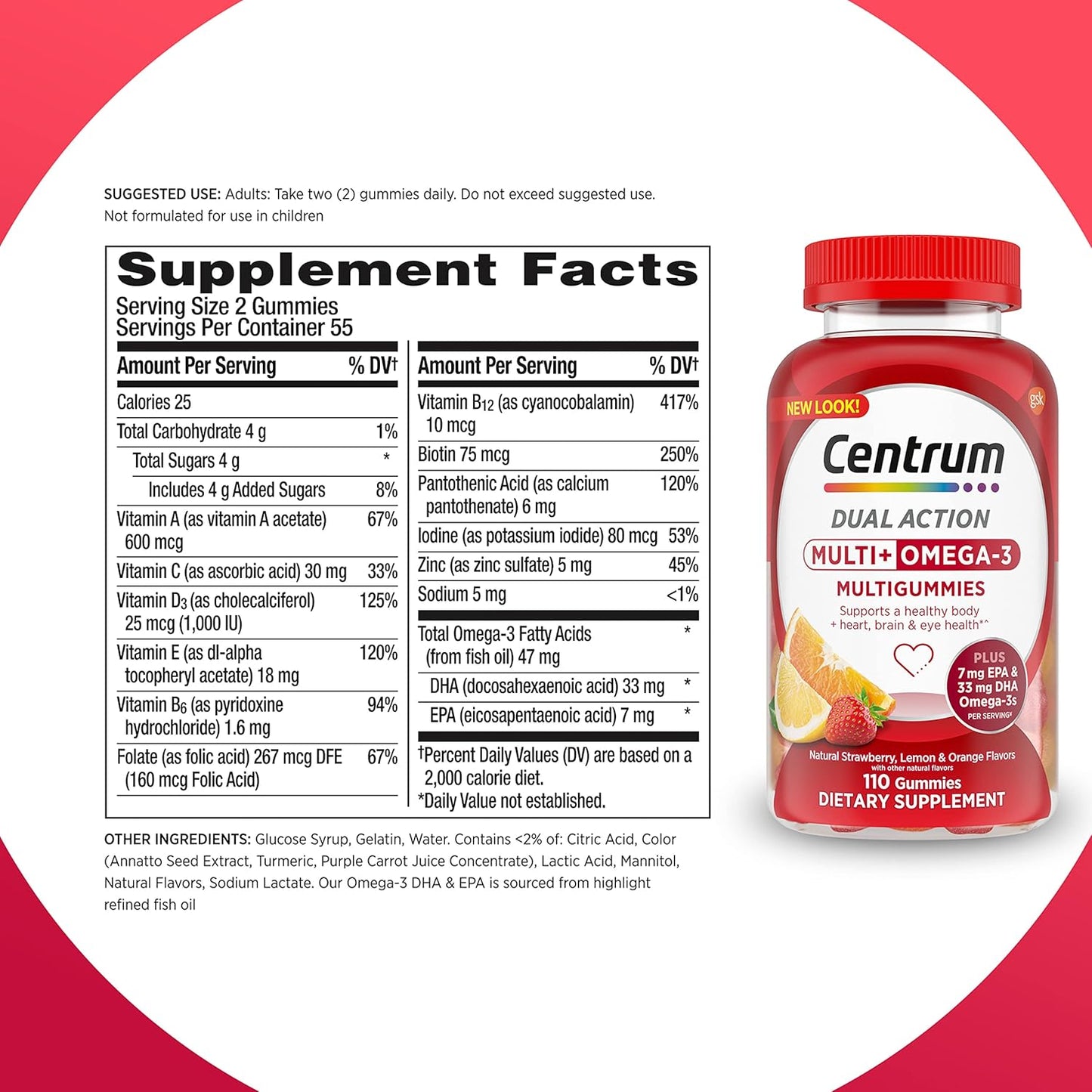 Centrum MultiGummies Multi+ Omega 3 Adult Multivitamin Supplement - 110 Count, Strawberry Lemon Orange Flavors