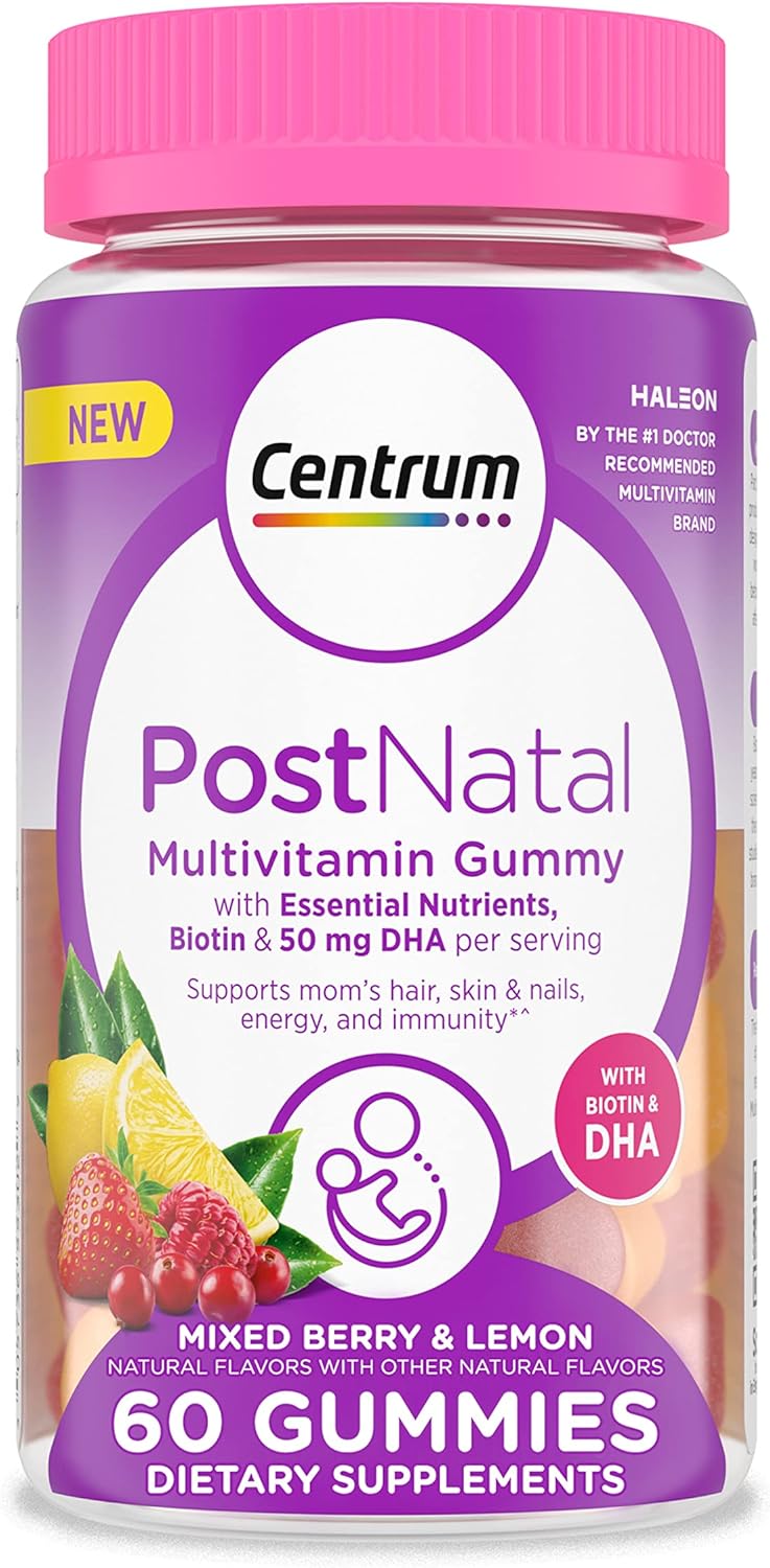 Centrum Postnatal Multivitamin Gummies with Biotin and DHA - Mixed Berry & Lemon Flavors, 60 Count - 30 Day Supply
