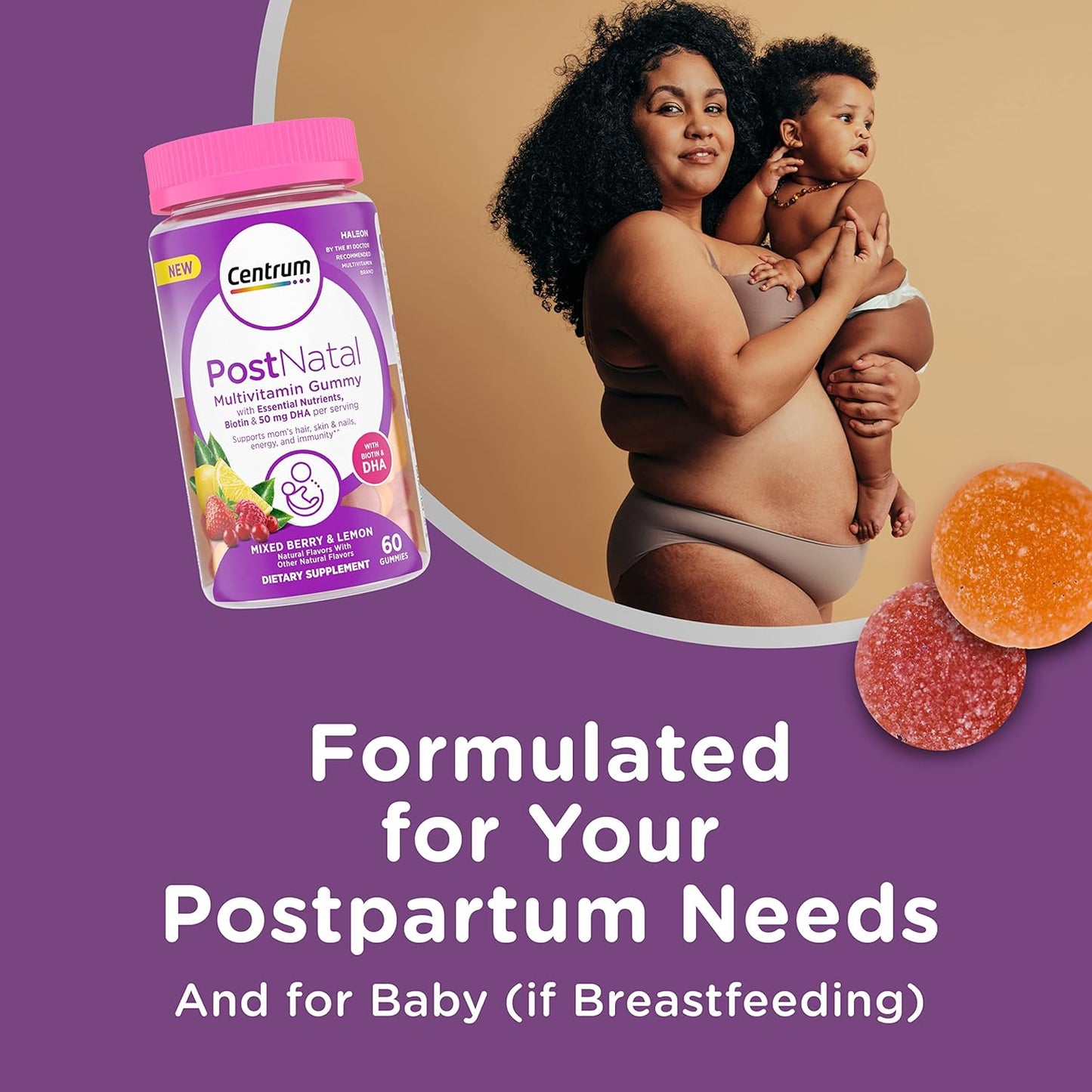 Centrum Postnatal Multivitamin Gummies with Biotin and DHA - Mixed Berry & Lemon Flavors, 60 Count - 30 Day Supply