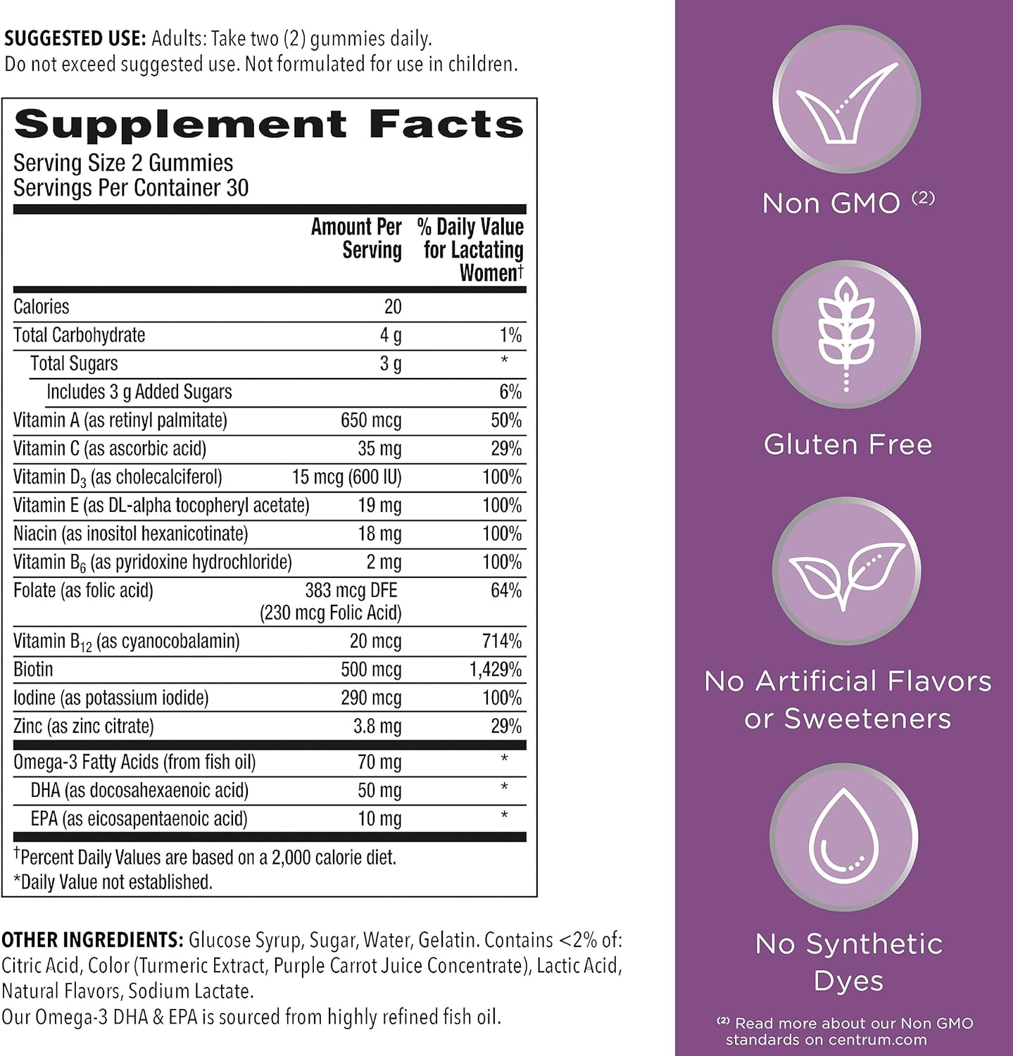 Centrum Postnatal Multivitamin Gummies with Biotin and DHA - Mixed Berry & Lemon Flavors, 60 Count - 30 Day Supply