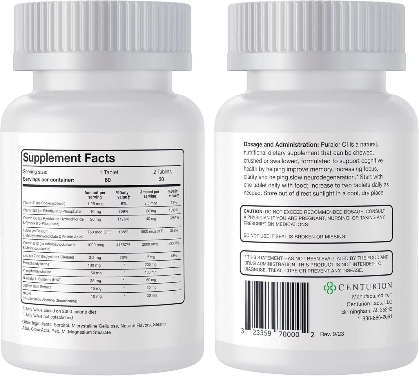 Centurion Puralor CI Brain Supplement - Memory & Focus Boost with Folate, NADH, B Vitamins - 60 Tablets for Teens & Adults
